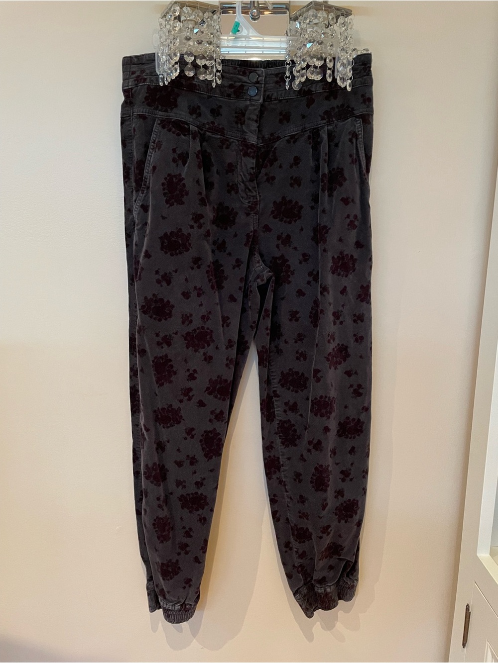 Anthropologie Velvet Floral Jogger Pants - Charcoal Gray & Deep Plum
